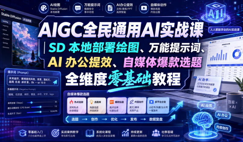 AIGC全民通用AI实战课｜SD本地部署绘图、万能提示词、AI办公提效、自媒体爆款选题全维度零基础教程-洛柒笔记