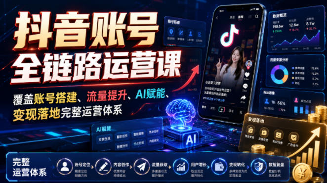 抖音账号全链路运营课，覆盖账号搭建、流量提升、AI赋能、变现落地完整运营体系-洛柒笔记