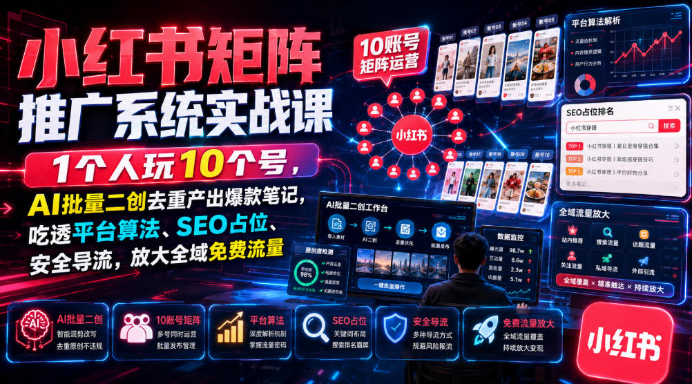 小红书矩阵推广系统实战课｜1个人玩10个号，AI批量二创去重产出爆款笔记，吃透平台算法、SEO占位、安全导流，放大全域免费流量-洛柒笔记