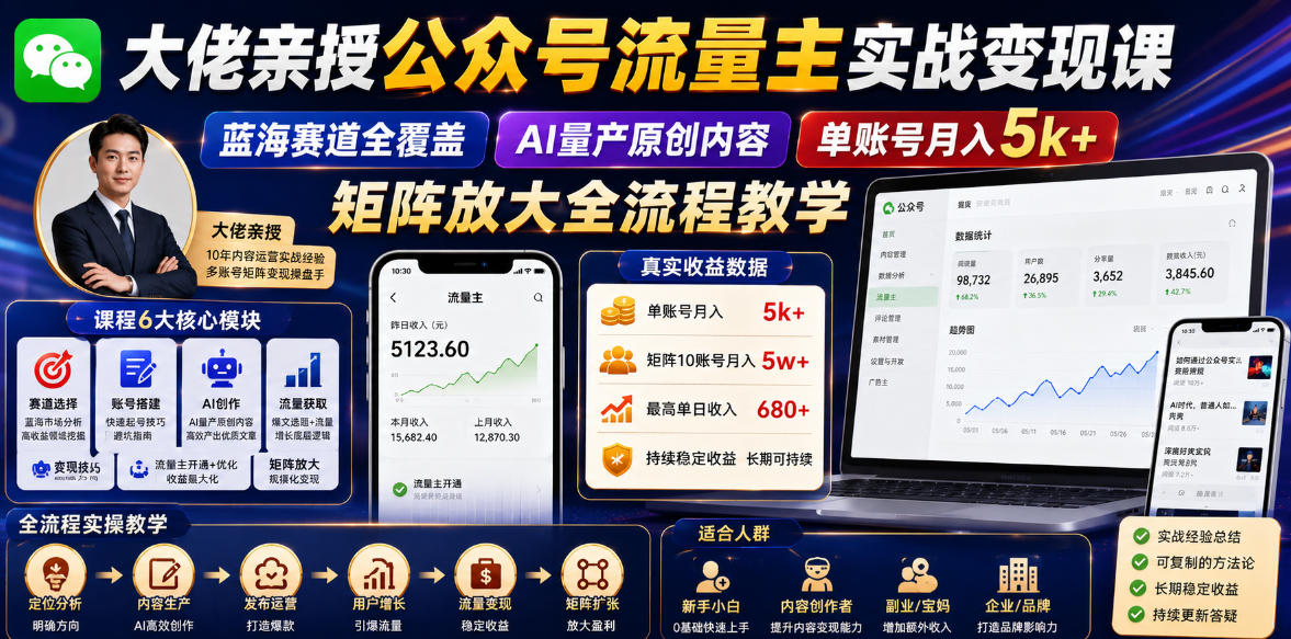 大佬亲授公众号流量主实战变现课，蓝海赛道全覆盖，AI量产原创内容，单账号月入5k+矩阵放大全流程教学-洛柒笔记