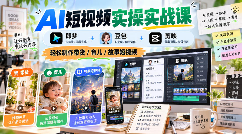 AI短视频实操实战课，即梦+豆包+剪映，轻松制作带货/育儿/故事短视频-洛柒笔记