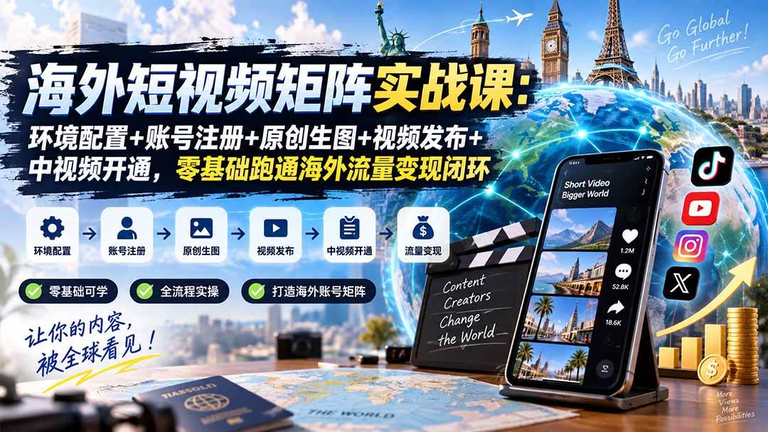 （20470期）海外短视频矩阵实战课：环境配置+账号注册+原创生图+视频发布+中视频开通，零基础跑通海外流量变现闭环-洛柒笔记