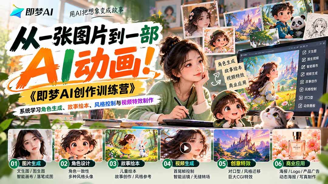 （21160期）【无水印】从一张图片到一部AI动画！《即梦AI创作训练营》系统学习角色生成、故事绘本、风格控制与视频特效制作
