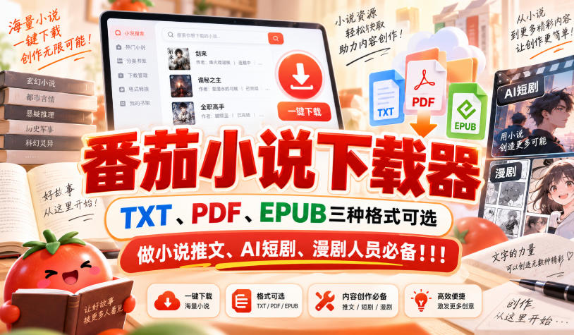 番茄小说下载器，TXT、PDF、EPUB三种格式可选，做小说推文、AI短剧、漫剧人员必备！！！-洛柒笔记