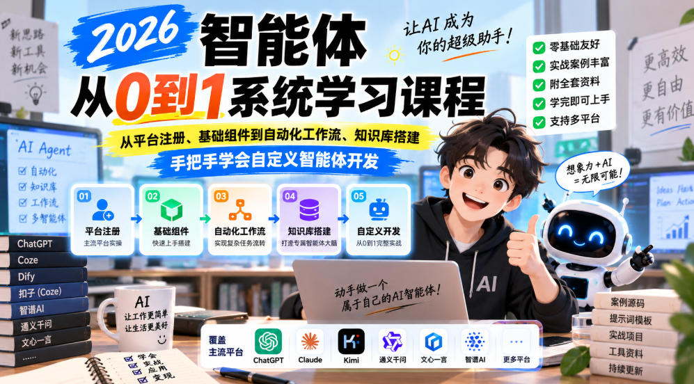 2026智能体从0到1系统学习课程，从平台注册、基础组件到自动化工作流、知识库搭建，手把手学会自定义智能体开发-洛柒笔记