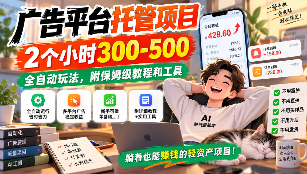 广告平台托管项目，2个小时300-500，全自动玩法，附保姆级教程和工具，小白照着就能做【揭秘】-洛柒笔记