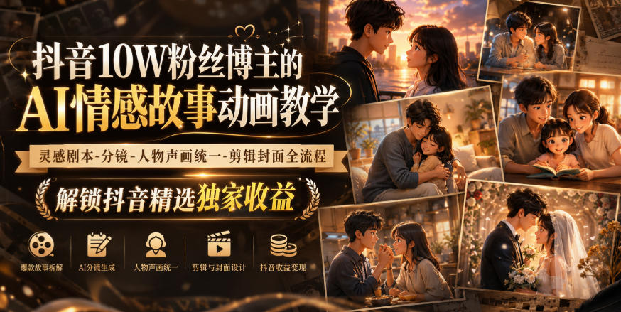抖音10W粉丝博主的AI情感故事动画教学，灵感剧本‑分镜‑人物声画统一‑剪辑封面全流程，解锁抖音精选独家收益-洛柒笔记