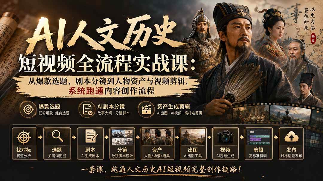 （20476期）AI人文历史短视频全流程实战课-更新：从爆款选题、剧本分镜到人物资产与视频剪辑，系统跑通内容创作流程-洛柒笔记
