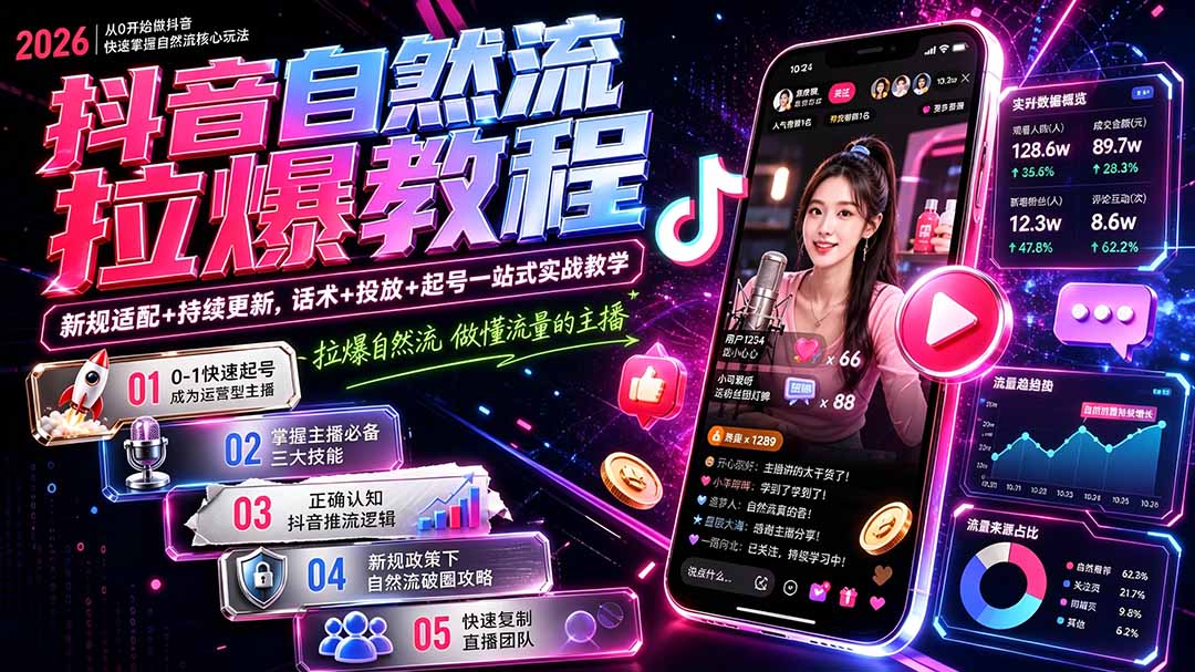 抖音自然流拉爆教程-更新8月：做懂流量的主播，新规适配+持续更新，话术+投放+起号一站式实战教学-洛柒笔记