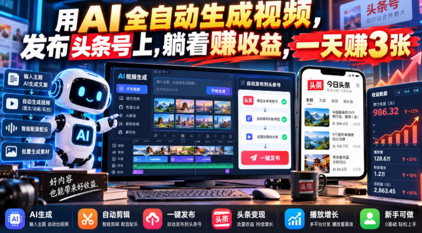 用AI全自动生成视频，发布头条号上，躺着賺收益，一天賺3张-洛柒笔记