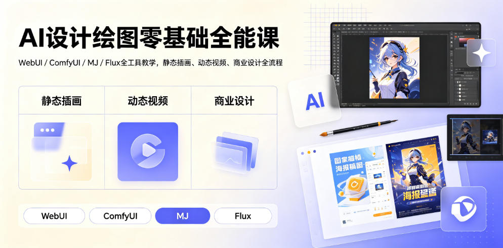 AI设计绘图零基础全能课｜WebUI/ComfyUI/MJ/Flux全工具教学，静态插画、动态视频、商业设计全流程-洛柒笔记