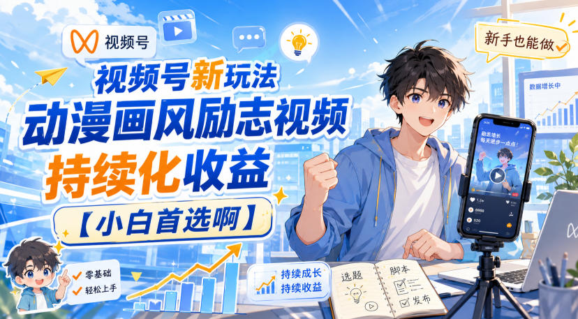 视频号新玩法动漫画风励志视频，持续化收益【小白首选啊】-洛柒笔记