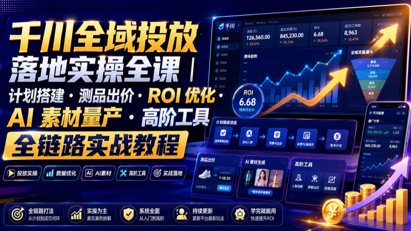 千川全域投放落地实操全课｜计划搭建・测品出价・ROI优化・AI素材量产・高阶工具全链路实战教程-洛柒笔记