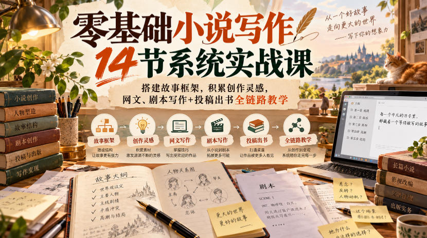 零基础小说写作14节系统实战课，搭建故事框架，积累创作灵感，网文、剧本写作+投稿出书全链路教学-洛柒笔记