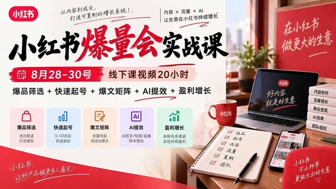 （20359期）小红书爆量会实战课：8月28-30号线下课视频20小时，爆品筛选+快速起号+爆文矩阵+AI提效+盈利增长-洛柒笔记