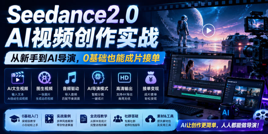 Seedance2.0 AI视频创作实战，从新手到AI导演，0基础也能成片接单变现-洛柒笔记