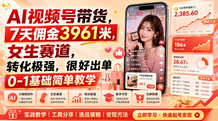 AI视频号带货，7天佣金3961米，女生赛道，转化极强，很好出单0-1基础简单教学-洛柒笔记