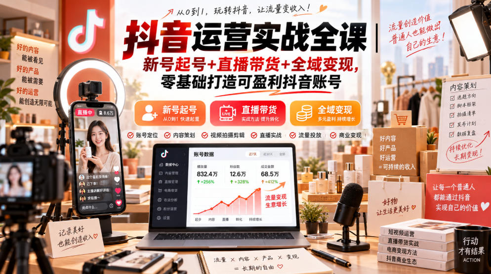 抖音运营实战全课｜新号起号+直播带货+全域变现，零基础打造可盈利抖音账号-洛柒笔记