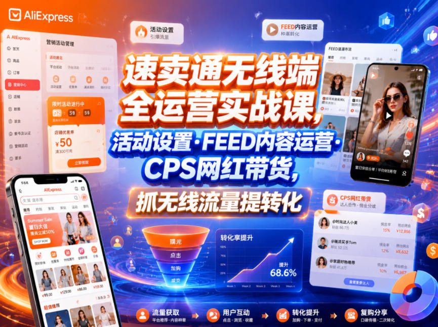 速卖通无线端全运营实战课，活动设置・FEED内容运营・CPS网红带货，抓无线流量提转化-洛柒笔记
