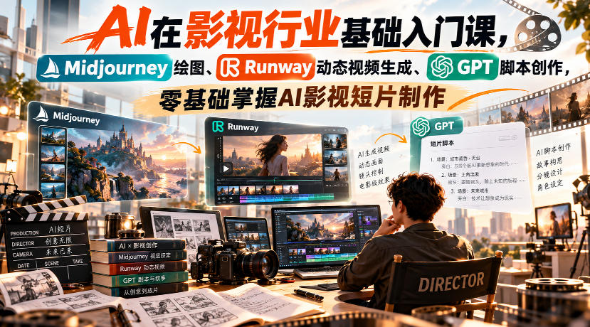 【无水印】AI在影视行业基础入门课，Midjourney绘图、Runway动态视频生成、GPT脚本创作，零基础掌握AI影视短片制作-洛柒笔记