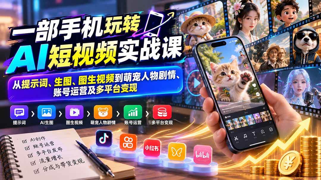 （20663期）一部手机玩转AI短视频实战课：从提示词、生图、图生视频到萌宠人物剧情、账号运营及多平台变现-洛柒笔记