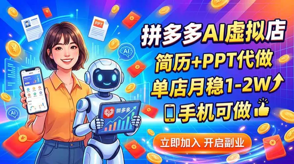 拼多多AI虚拟店，简历+PPT代做，单店月稳1-2W，手机可做-洛柒笔记