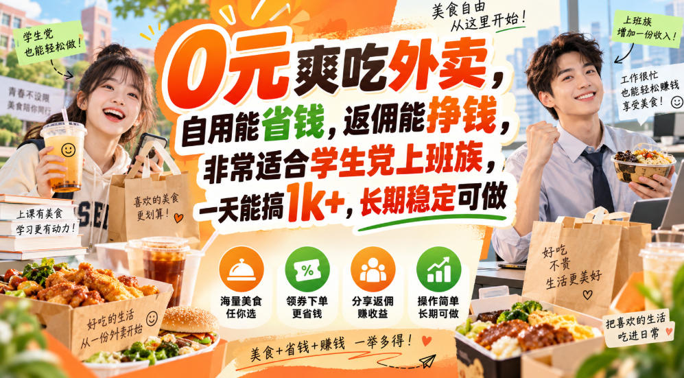0元爽吃外卖，自用能省钱，返佣能挣钱，非常适合学生党上班族，一天能搞1k+，长期稳定可做-洛柒笔记