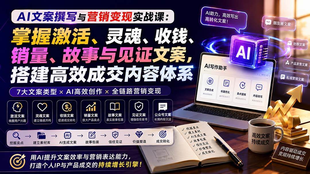 （20126期）AI文案撰写与营销变现实战课：掌握激活、灵魂、收钱、销量、故事与见证文案，搭建高效成交内容体系-洛柒笔记