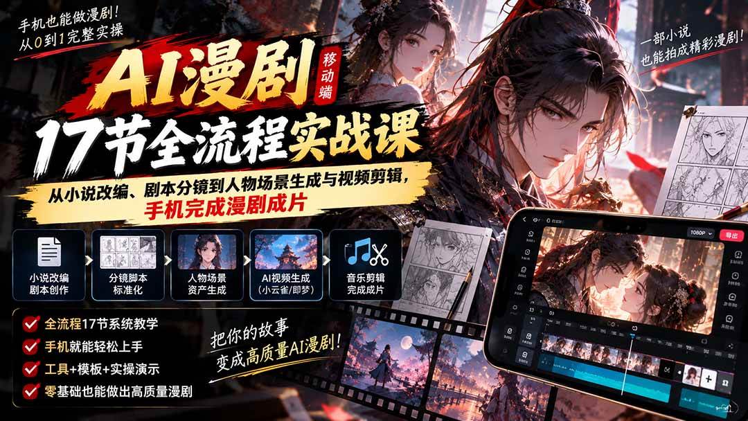 （20624期）AI漫剧移动端17节全流程实战课：从小说改编、剧本分镜到人物场景生成与视频剪辑，手机完成漫剧成片-洛柒笔记