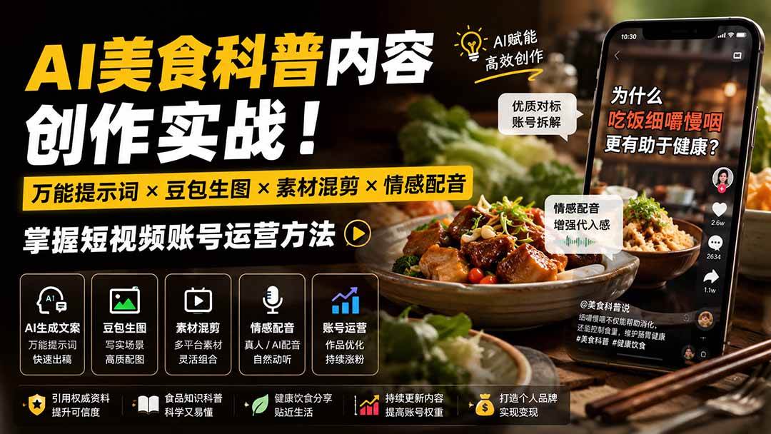 （19730期）外面卖199元-AI美食科普内容创作实战！万能提示词×豆包生图×素材混剪×情感配音，掌握短视频账号运营方法-洛柒笔记