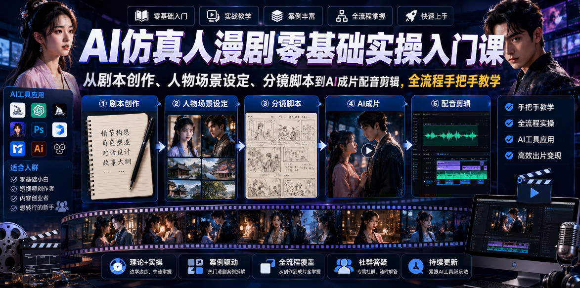 AI仿真人漫剧零基础实操入门课，从剧本创作、人物场景设定、分镜脚本到AI成片配音剪辑，全流程手把手教学-洛柒笔记