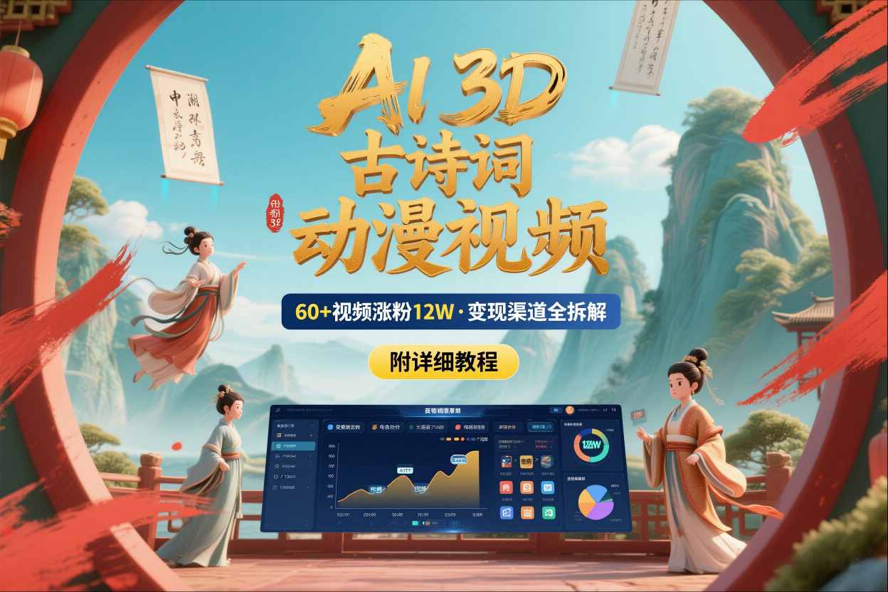 AI制作3D古诗词动漫视频，60多个视频涨粉12W，多个变现渠道拆解【附详细教程】-洛柒笔记