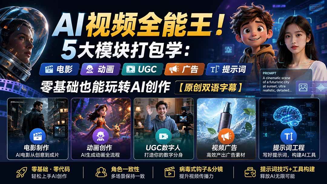 （20048期）AI视频全能王！5大模块打包学：电影、动画、UGC、广告、提示词，零基础也能玩转AI创作【原创双语字幕】-洛柒笔记