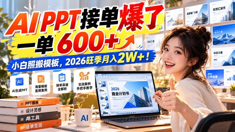 AI PPT接单爆了，一单600+，小白照搬模板，2026旺季月入2W+！-洛柒笔记