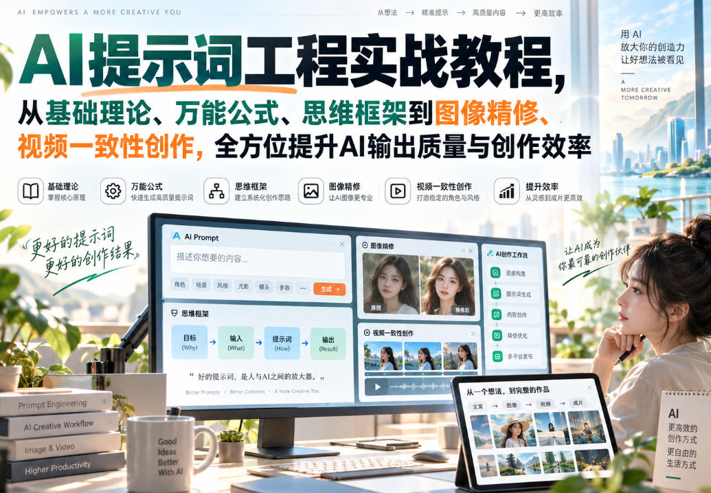 AI提示词工程实战教程，从基础理论、万能公式、思维框架到图像精修、视频一致性创作，全方位提升AI输出质量与创作效率-洛柒笔记