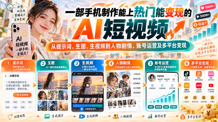 【无水印】一部手机制作能上热门能变现的AI短视频，从提示词、生图、生视频到人物剧情、账号运营及多平台变现-洛柒笔记