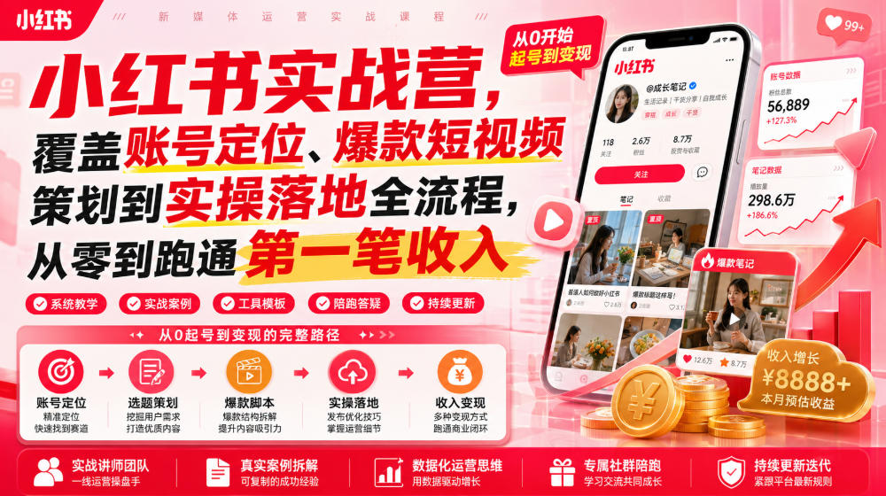 小红书实战营，覆盖账号定位、爆款短视频策划到实操落地全流程，从零到跑通第一笔收入-洛柒笔记