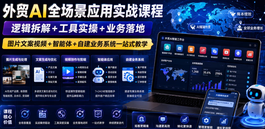 外贸AI全场景应用实战课程｜逻辑拆解+工具实操+业务落地，图片文案视频+智能体+自建业务系统一站式教学-洛柒笔记