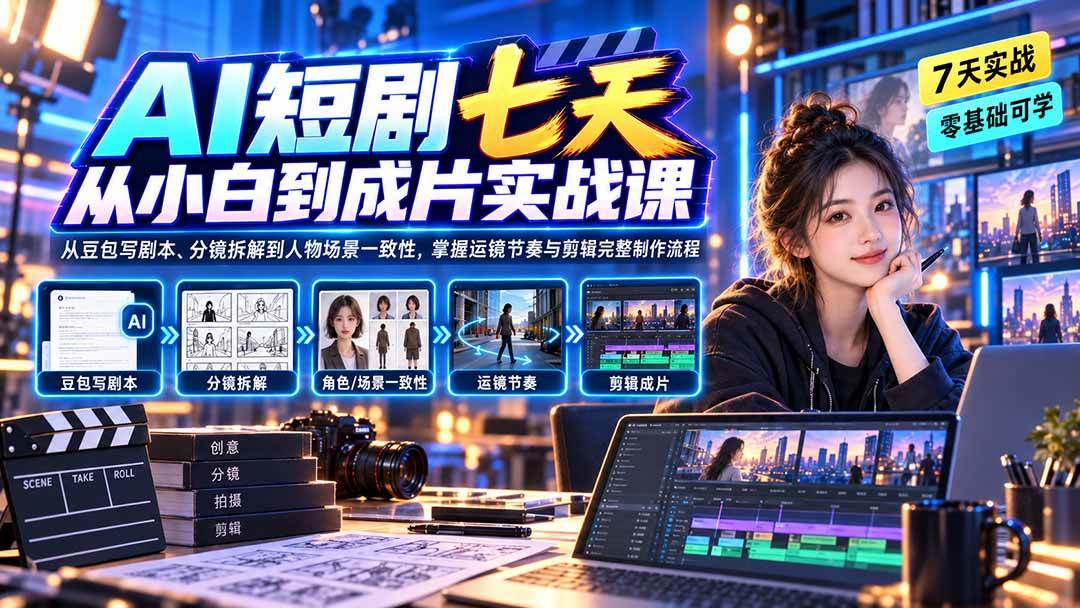 （20329期）AI短剧七天从小白到成片实战课：从豆包写剧本、分镜拆解到人物场景一致性，掌握运镜节奏与剪辑完整制作流程-洛柒笔记