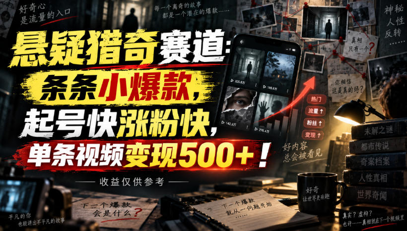 悬疑猎奇赛道：条条小爆款，起号快涨粉快，单条视频变现500+！收益仅供参考-洛柒笔记