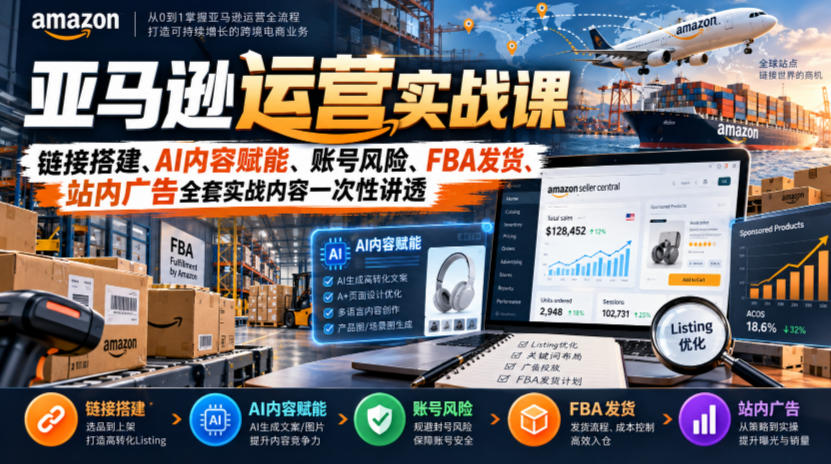 亚马逊运营实战课，链接搭建、AI内容赋能、账号风险、FBA发货、站内广告全套实战内容一次性讲透-洛柒笔记