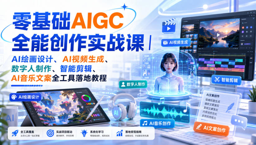 零基础AIGC全能创作实战课｜AI绘画设计、AI视频生成、数字人制作、智能剪辑、AI音乐文案全工具落地教程-洛柒笔记