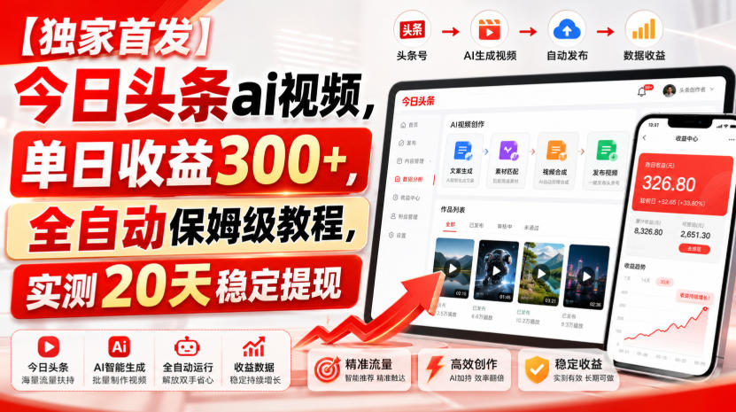 【独家首发】今日头条ai视频，单日收益300+，全自动保姆级教程，实测20天稳定提现【揭秘】-洛柒笔记