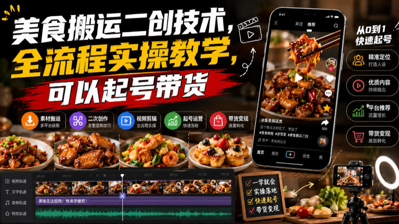 美食搬运二创技术，全流程实操教学，可以起号带货-洛柒笔记