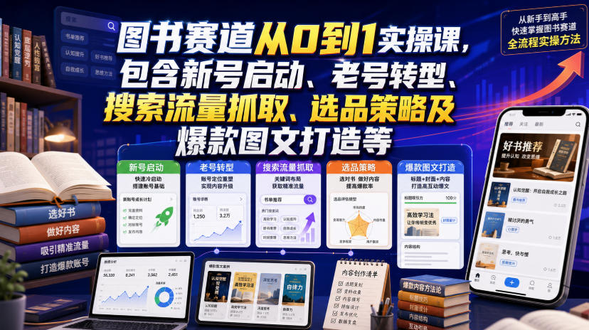 图书赛道从0到1实操课，包含新号启动、老号转型、搜索流量抓取、选品策略及爆款图文打造等-洛柒笔记