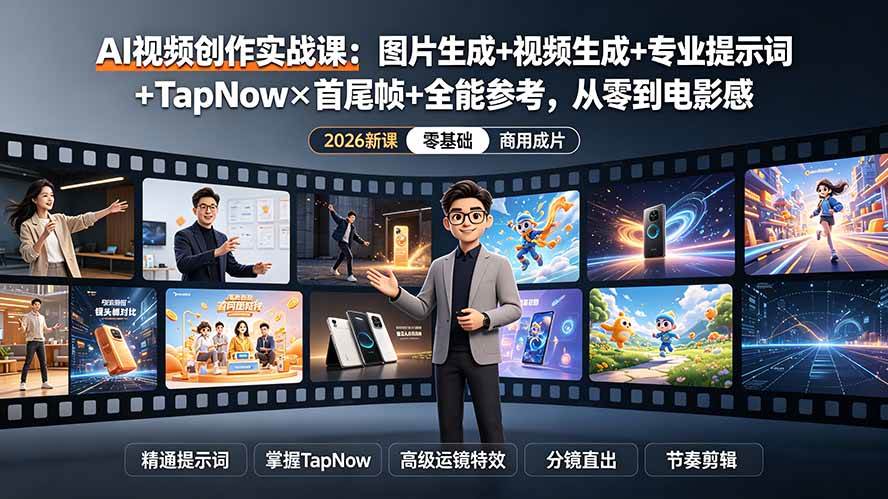 （19383期）AI视频创作实战课：图片生成+视频生成+专业提示词+TapNow×首尾帧+全能参考，从零到电影感成片-洛柒笔记