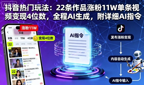 抖音热门玩法：22条作品涨粉11W单条视频变现4位数，全程AI生成，附详细AI指令-洛柒笔记