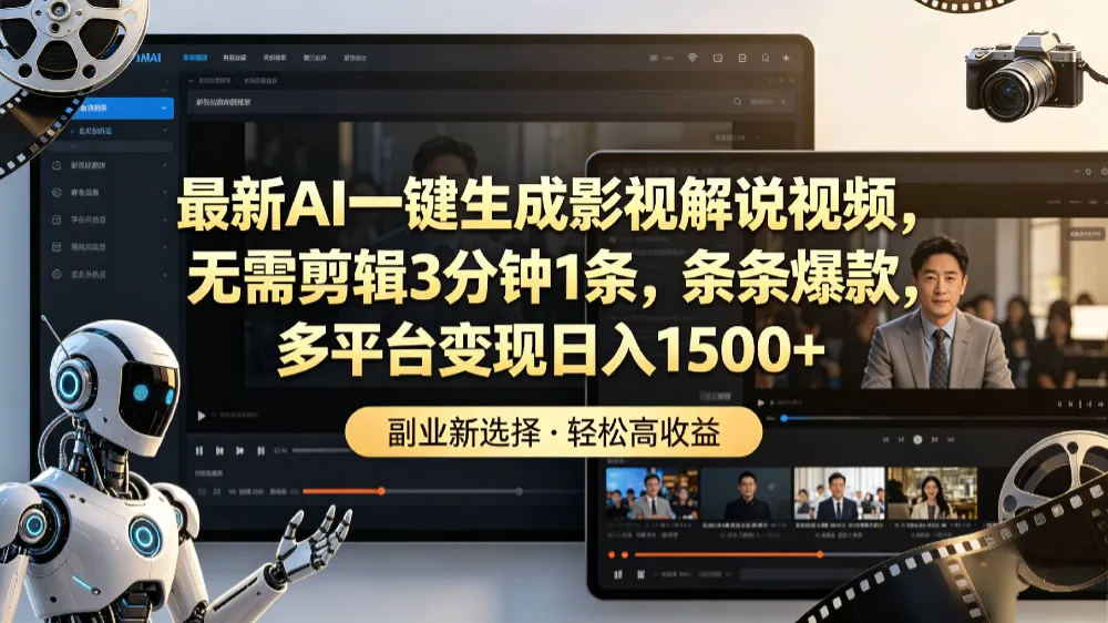 最新AI一键生成影视解说视频，无需剪辑3分钟1条，条条爆款，多平台变现日入1500+-洛柒笔记