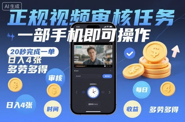 正规视频审核任务，一部手机即可操作，20秒完成一单，日入4张，多劳多得-洛柒笔记