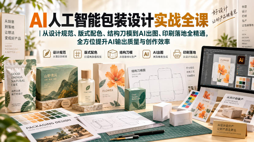 AI人工智能包装设计实战全课｜从设计规范、版式配色、结构刀模到AI出图、印刷落地全精通-洛柒笔记